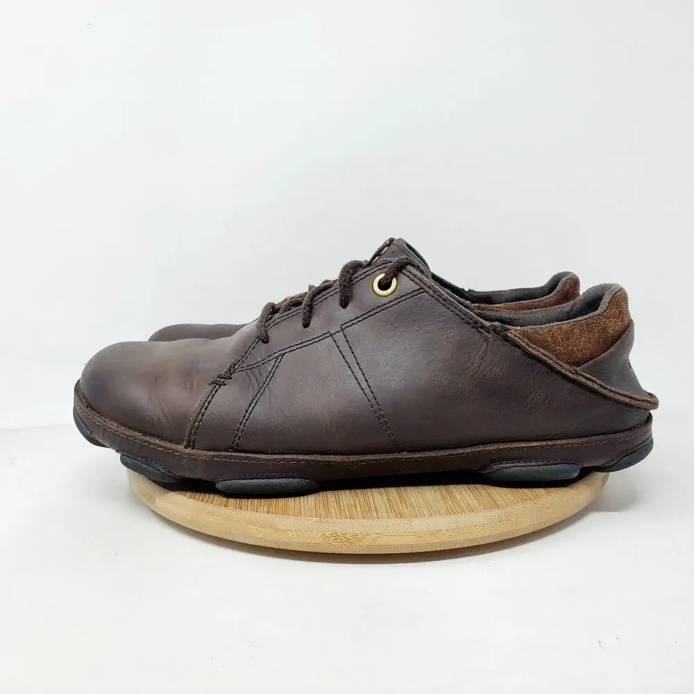 Olukai Hano Shoe Men 8.5 Brown Leather Oxford Slip On‎ Fold Down Heel WORN